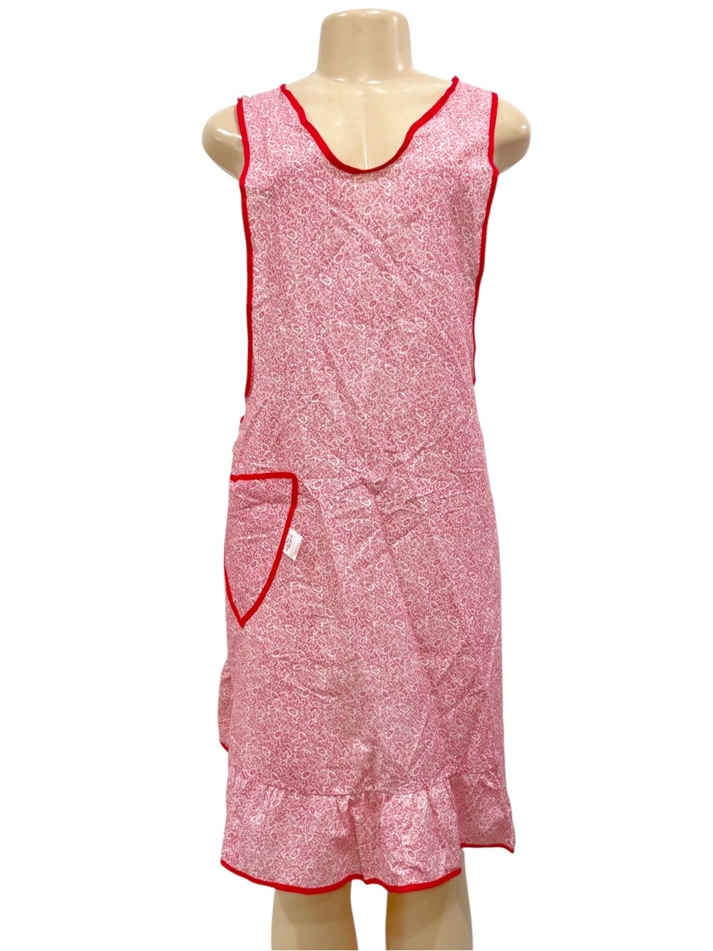 Vintage Red Floral Smock Apron by Artistic Creations Size Large USA Tied Ruffle